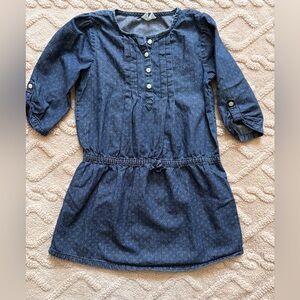 Girls Half Sleeve Dress - Dark Blue Denim Look Dress With Buttons, Size 7